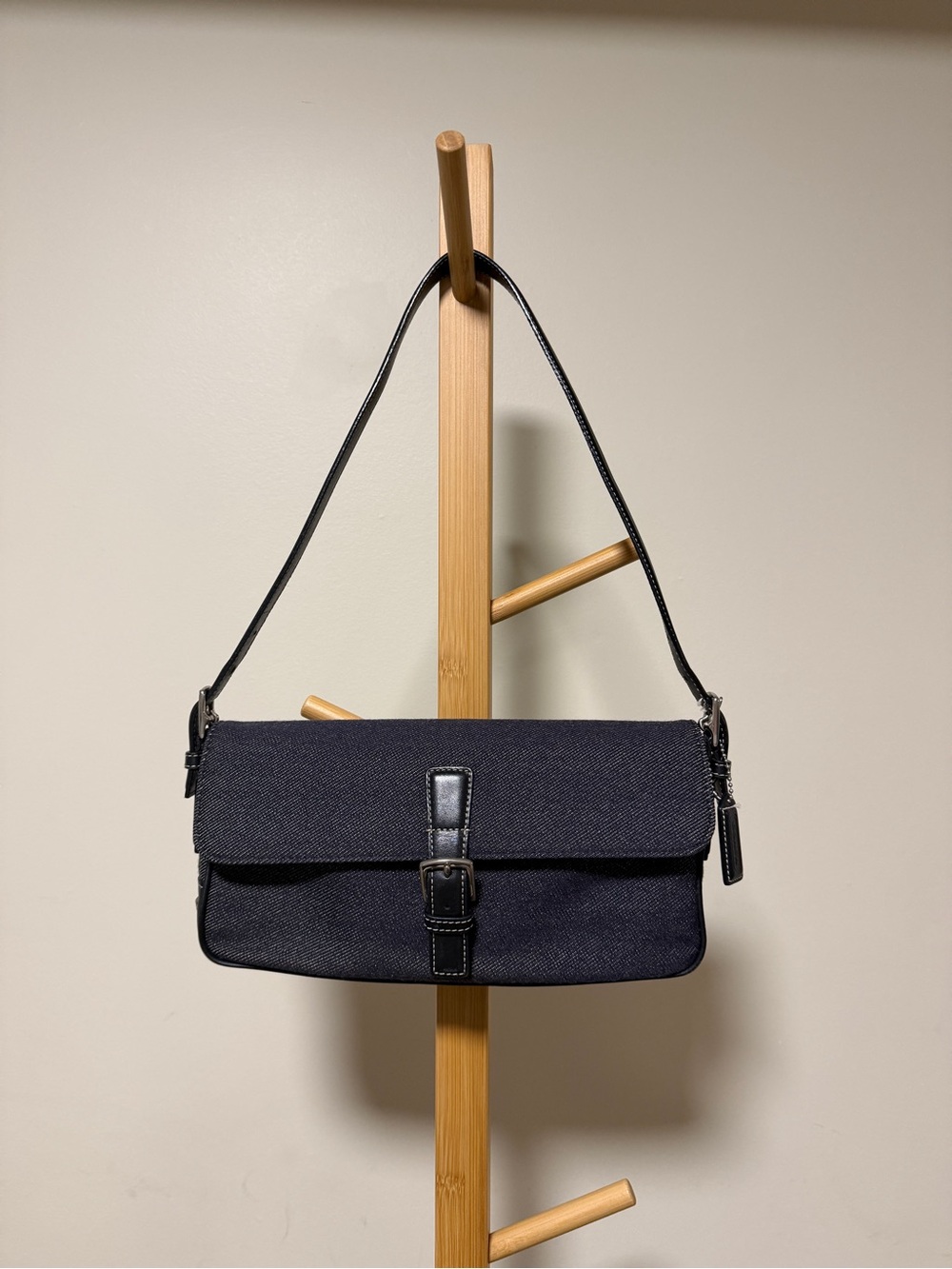 Coach Dark Blue Denim Y2K Shoulder Bag with Leather Trim and shoulder strap